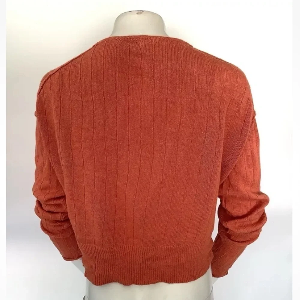 Free People Sz L Wrap Front Cropped Plunge Neck Sweater Red Linen Cotton